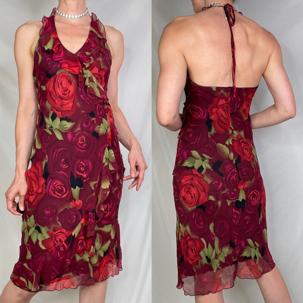 bebe 100% silk rose floral print halter‎ slip dress slipdress fairy roses red S - Picture 13 of 16